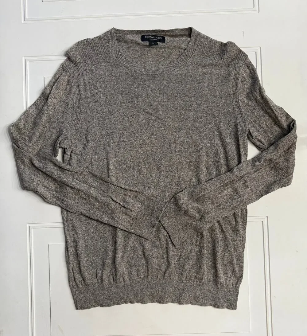Banana Republic Mens Sz M Gray Brown Silk Linen Blend Crew Neck Sweater